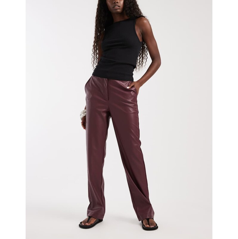 ASOS DESIGN faux leather slim straight leg trousers in burgundy
