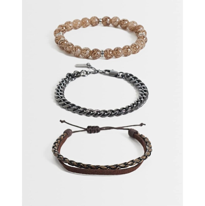 ASOS DESIGN 4 pack light brown beaded chain and faux leather