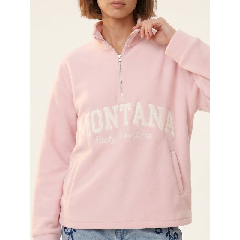 Sinsay - Fleecová mikina half-zip s nápisem - pastelová růžová