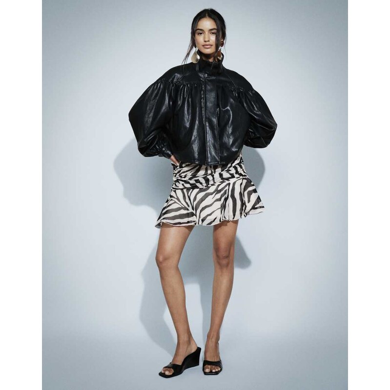 ASOS DESIGN gathered shoulder leather look jacket in black