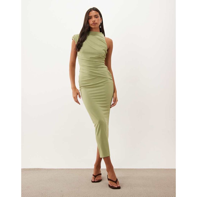 ASOS DESIGN high neck asymmetric ruched maxi dress in sage-Green