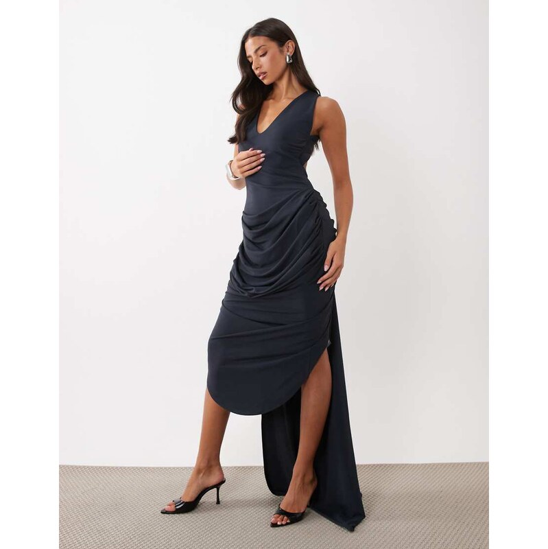 ASOS DESIGN plunge neck midi dress with open back & train detail