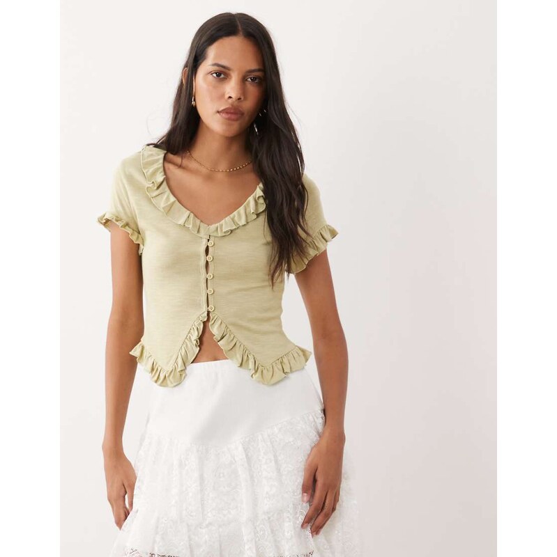 Miss Selfridge v-neck button through ruffle top in olive green