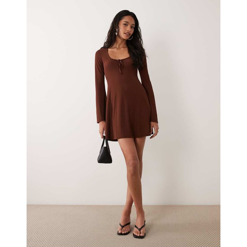 Miss Selfridge flippy tie scoop neck mini dress in chocolate