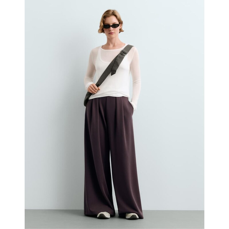 OYSHO Modal piqué wide-leg trousers in purplish brown-Purple
