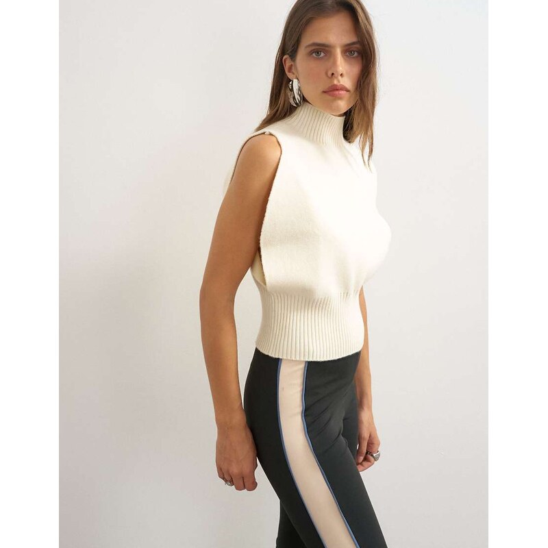 Topshop knitted rounded high neck tank in ivory-White
