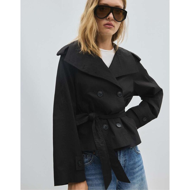 Stradivarius High neck trench coat with belt in black