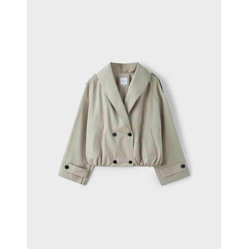 Stradivarius Cropped shawl neck trench coat in stone-White