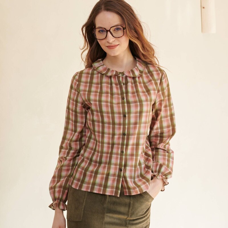 Blancheporte Kostkovaná halenka s volánky khaki/růžová