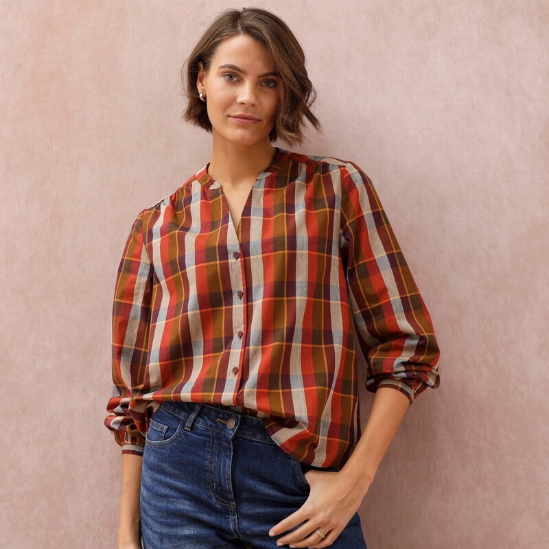Blancheporte Propínací kostkovaná halenka s mao límečkem červená