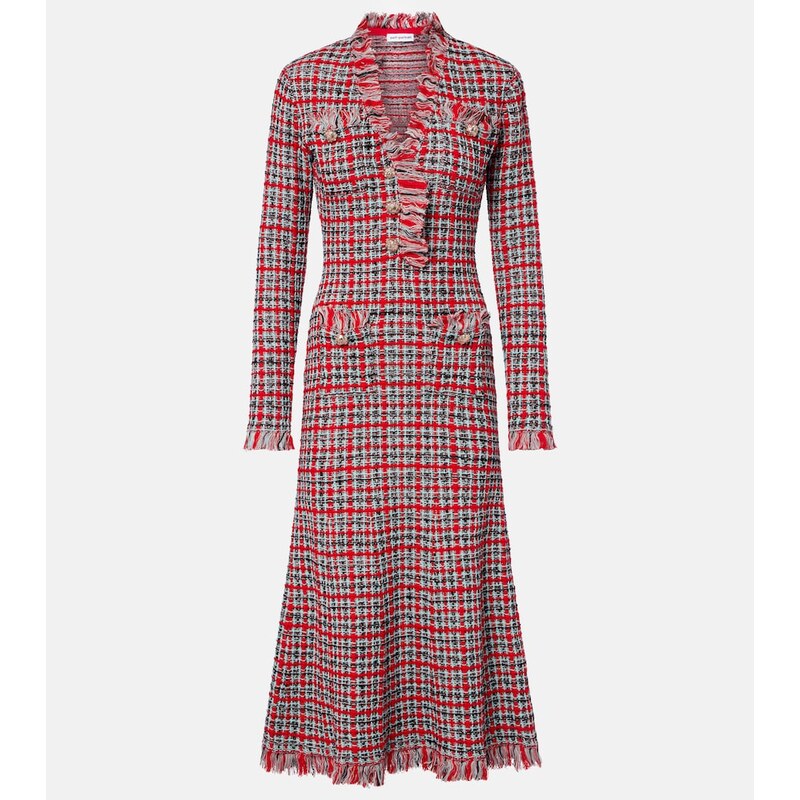Self-Portrait Checked frayed knitted midi dress
