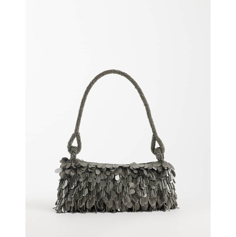 ASOS DESIGN sequin & bead shoulder bag in gunmetal silver