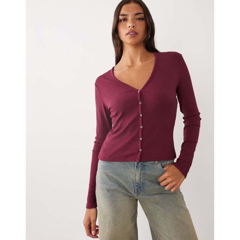 Good American v-neck button down rib cardigan in burgundy-Red