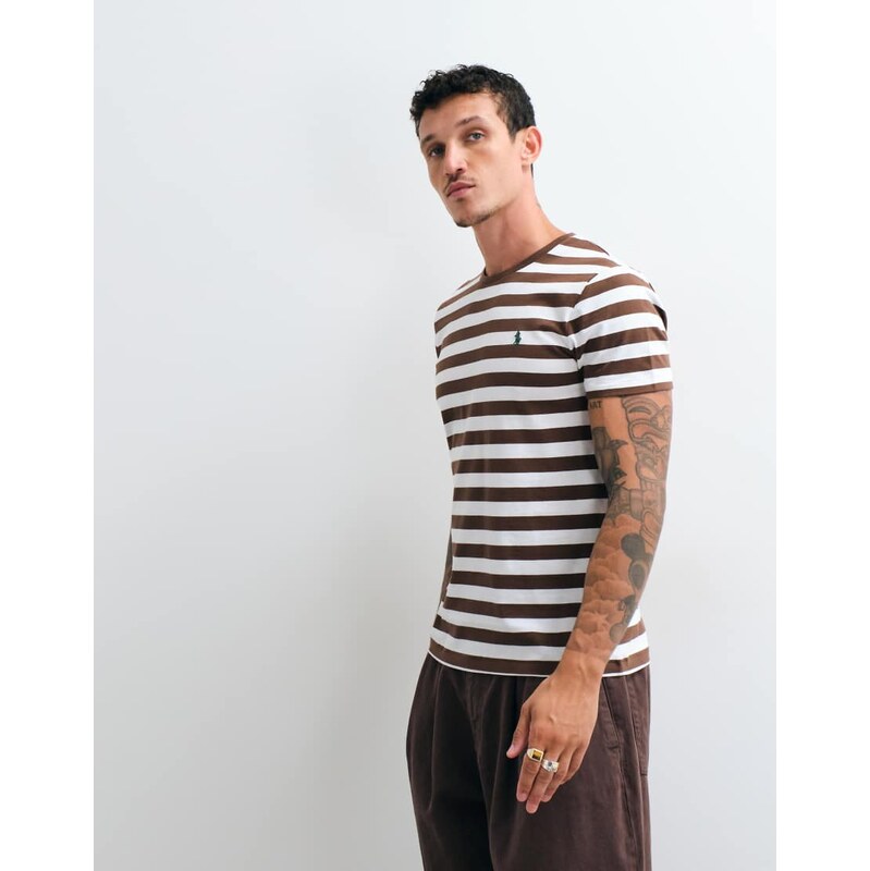 Polo Ralph Lauren striped slim fit t-shirt in brown and white