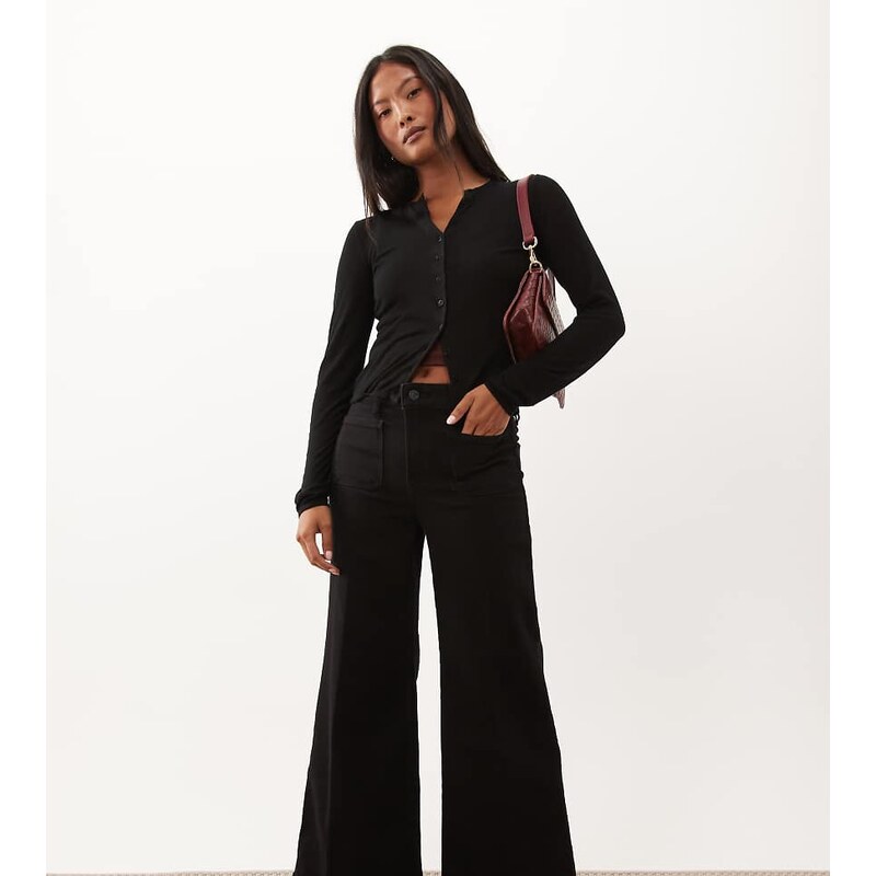 Good American Petite high rise wide leg palazzo jeans in black