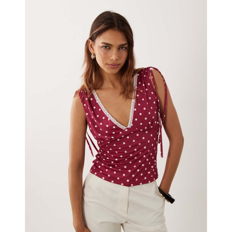 Miss Selfridge ruched shoulder v-neck tank top with lace trim in