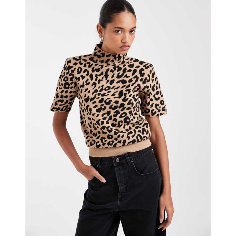 ASOS DESIGN high neck shoulder pad waisted t-shirt in leopard
