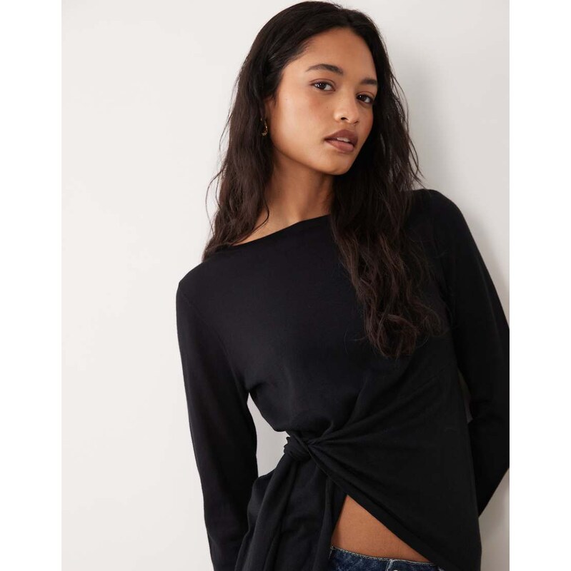Miss Selfridge tie waist fine gauge knit top in black