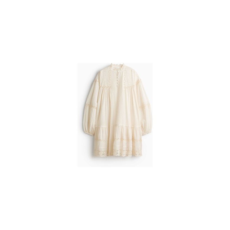 H&M - Tunikové šaty lemované krajkou - Krémová
