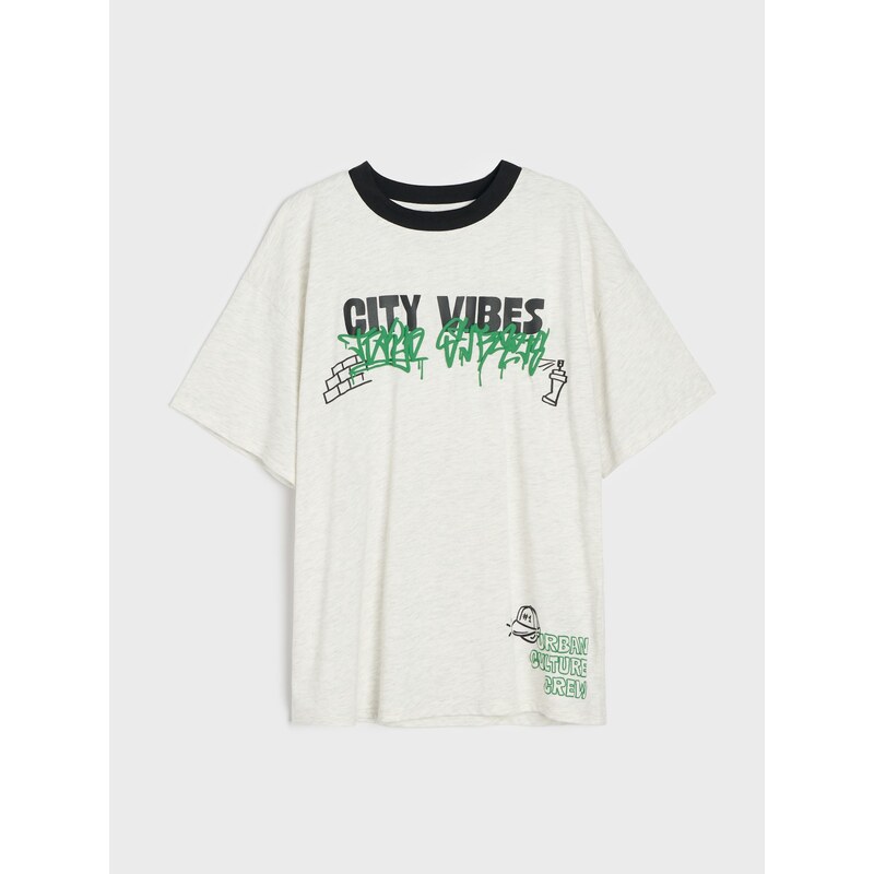 Sinsay - Bavlněné tričko oversize s potiskem graffiti - šedá