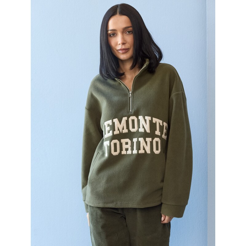 Sinsay - Fleecová mikina half-zip s nápisem - zelená