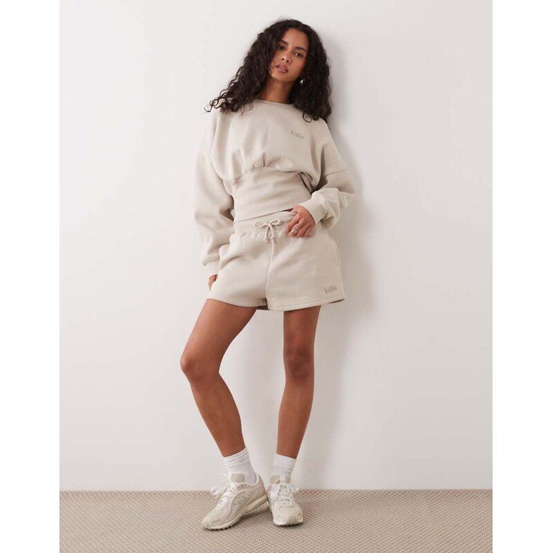Kaiia cotton rich cinched waist sweat shorts co-ord in beige
