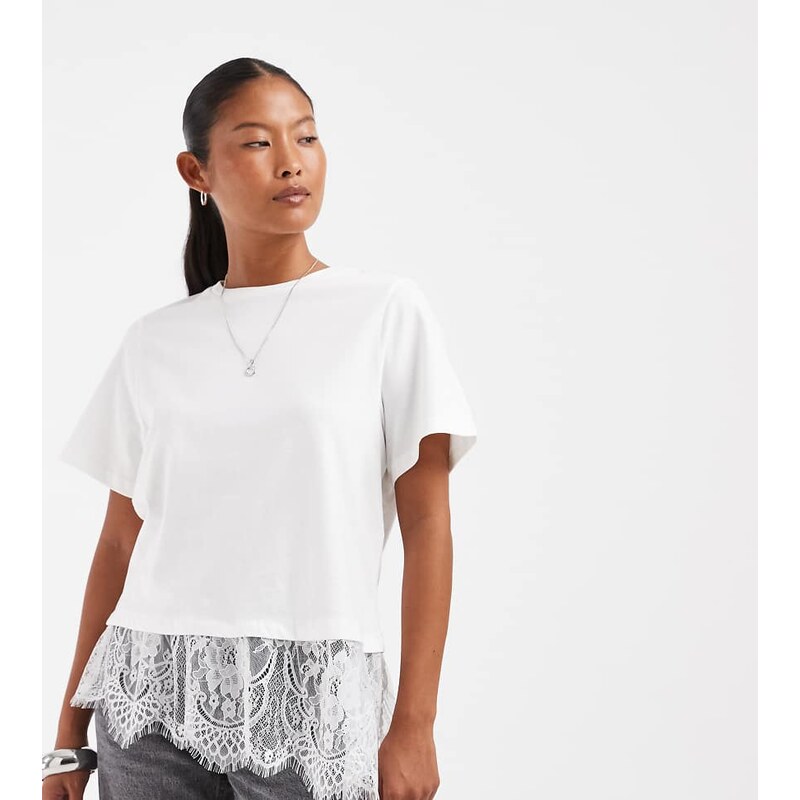 Vero Moda Petite t-shirt with asymmetric lace detail in white