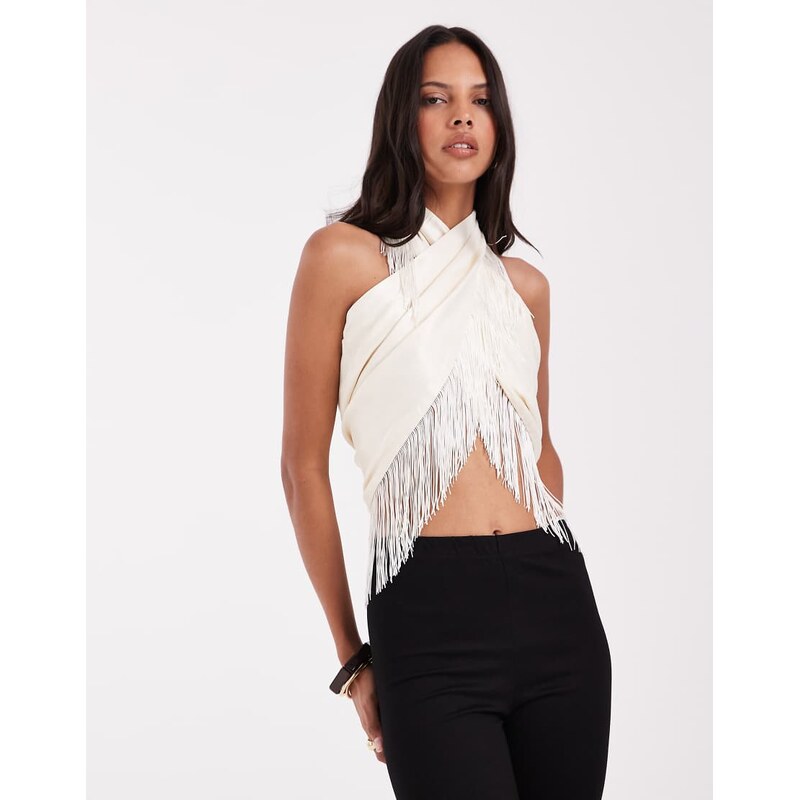 ASOS DESIGN satin multiway scarf top in ivory-White