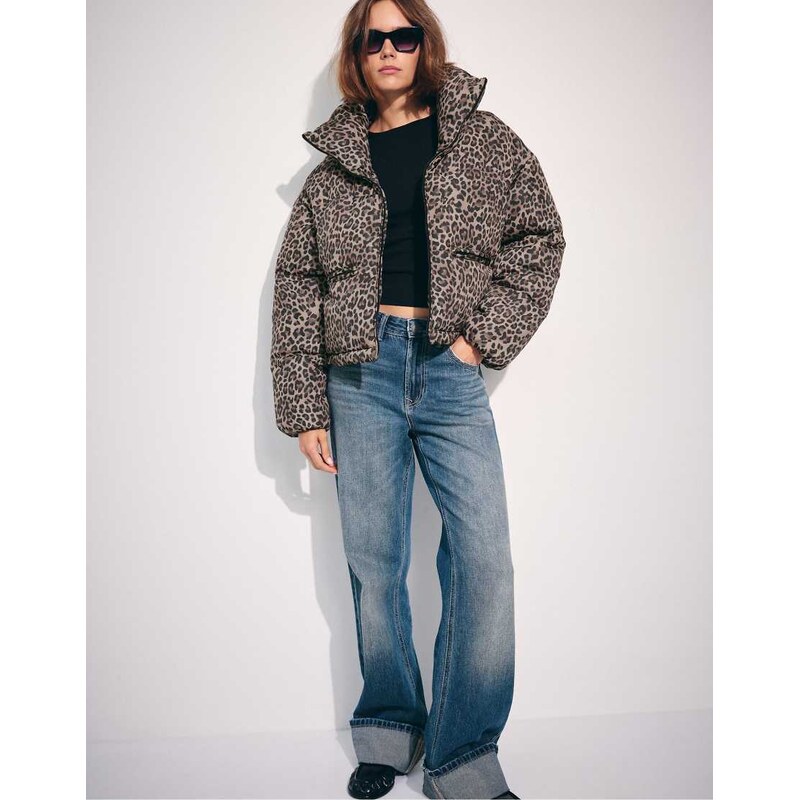 Stradivarius Animal print high-neck padded cropped jacket in mid