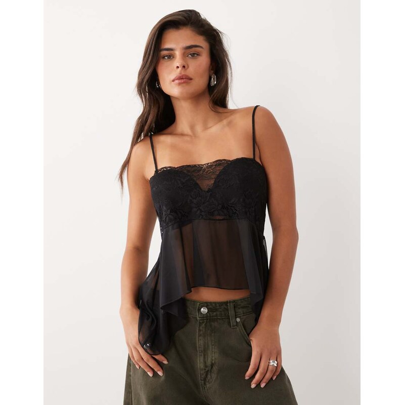 ASOS DESIGN mesh floaty cami with lace bust panel in black