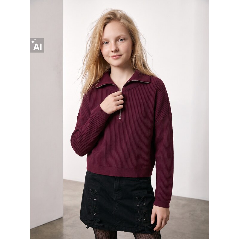 Sinsay - Žebrovaný svetr half-zip s viskózou - kaštanová