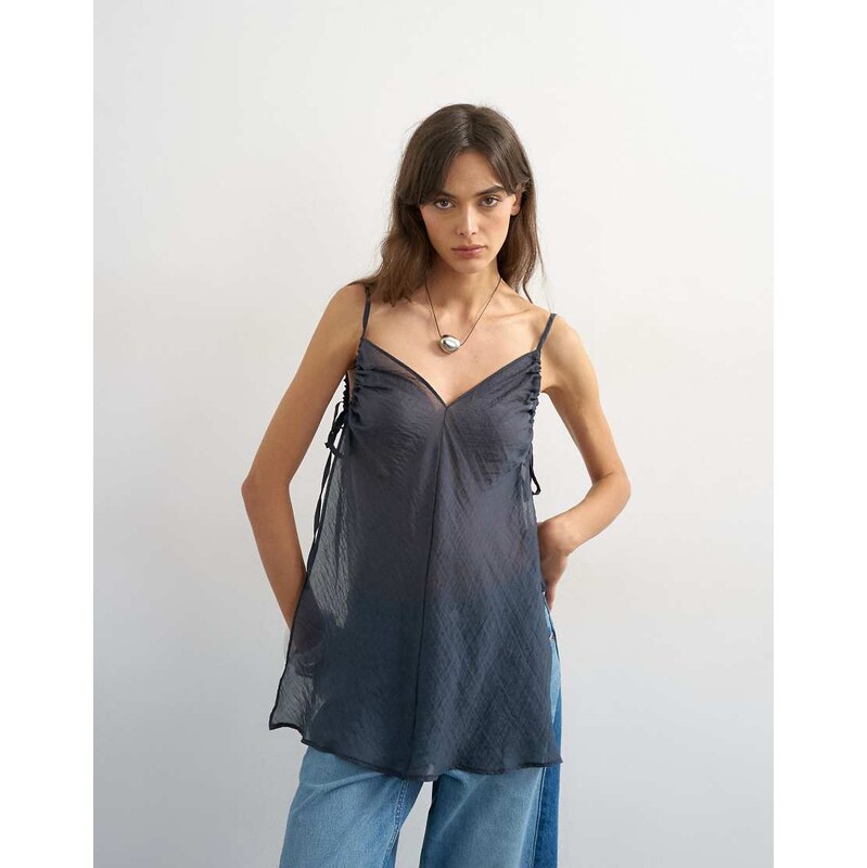 Topshop ruched armhole tie side tunic in navy-Black