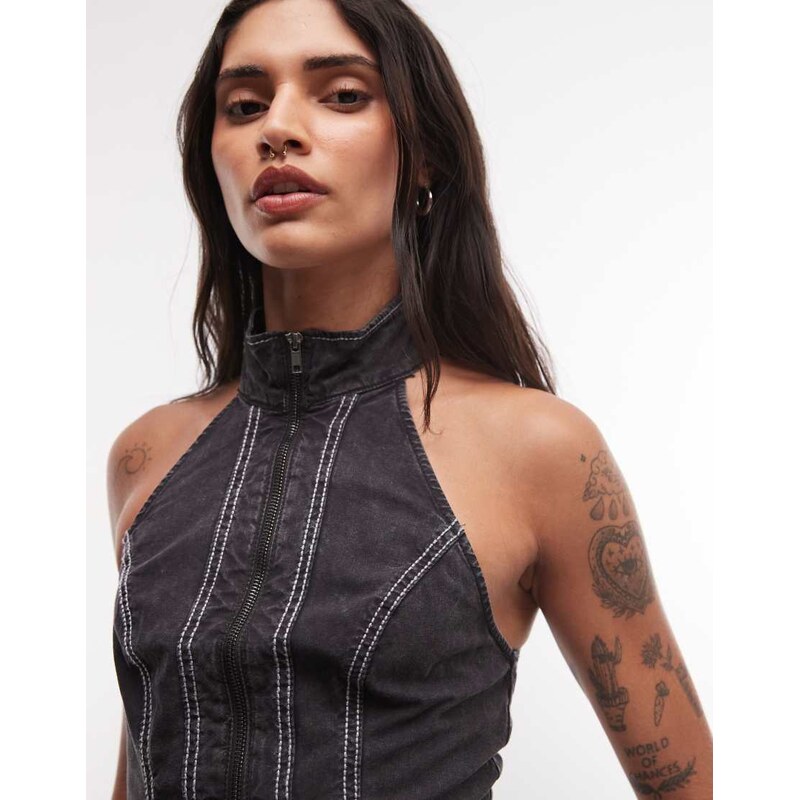 Weekday halter neck top with contrast stitching and double zip