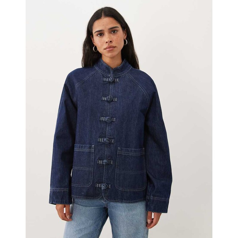 ASOS DESIGN denim collar detail jacket with trims in mid blue