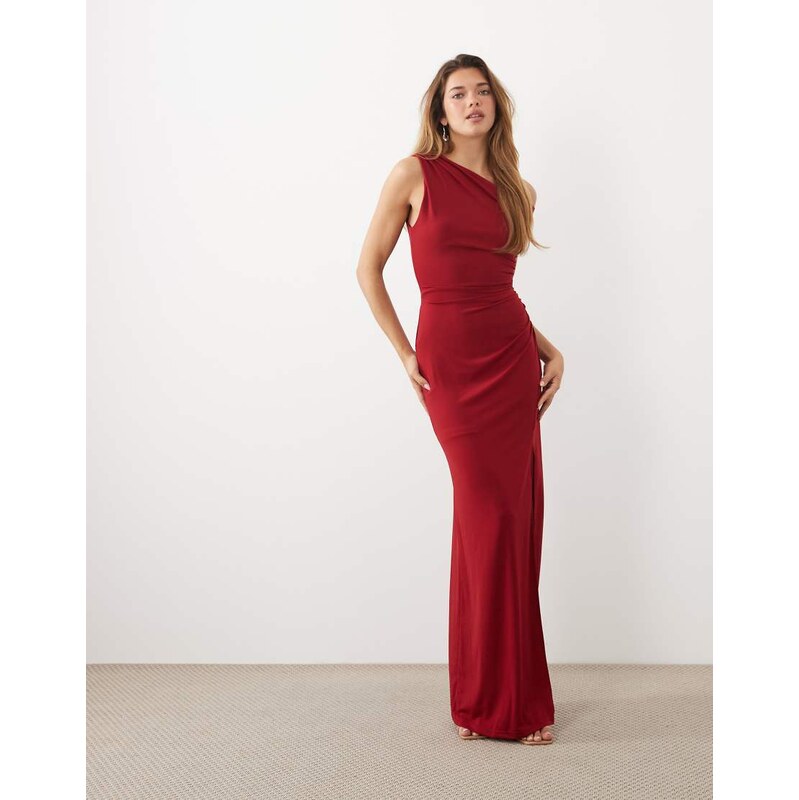 TFNC slinky fallen shoulder thigh split maxi dress in red