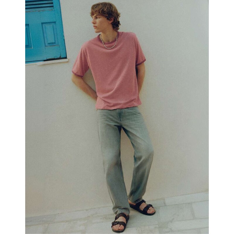 Pull&Bear Contrast ribbed t-shirt in pink