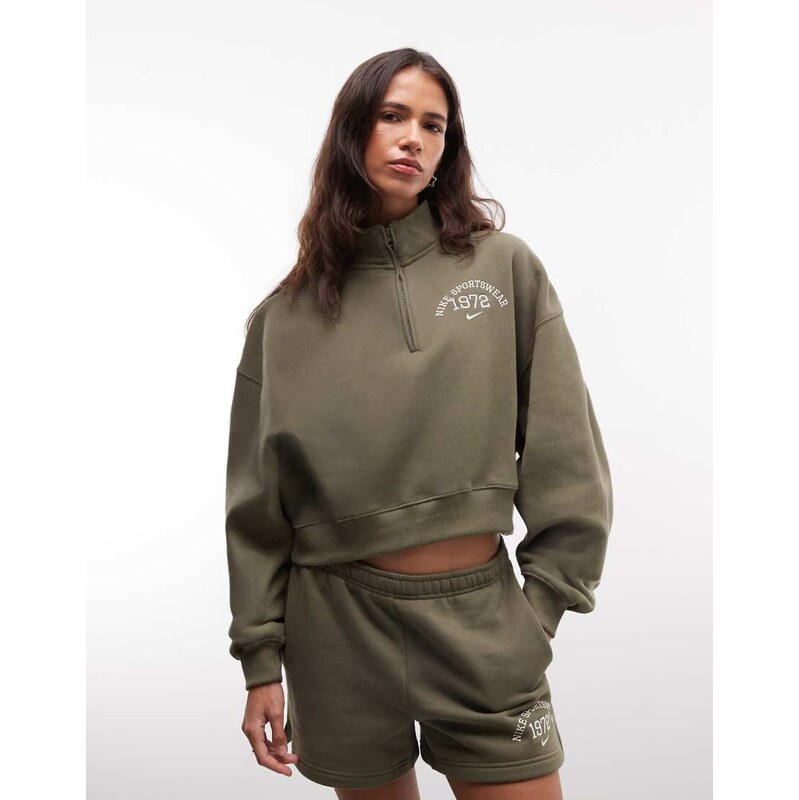 Nike Studio Fleece oversized varsity quarter zip in khaki-Green