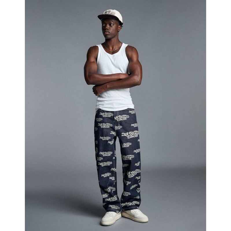Bershka Jacquard trousers in blue-Navy