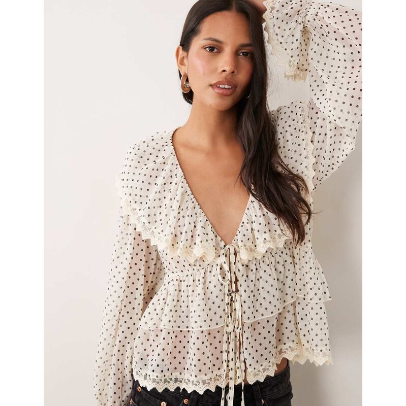 Miss Selfridge chiffon ruffle tie front blouse in polka dot