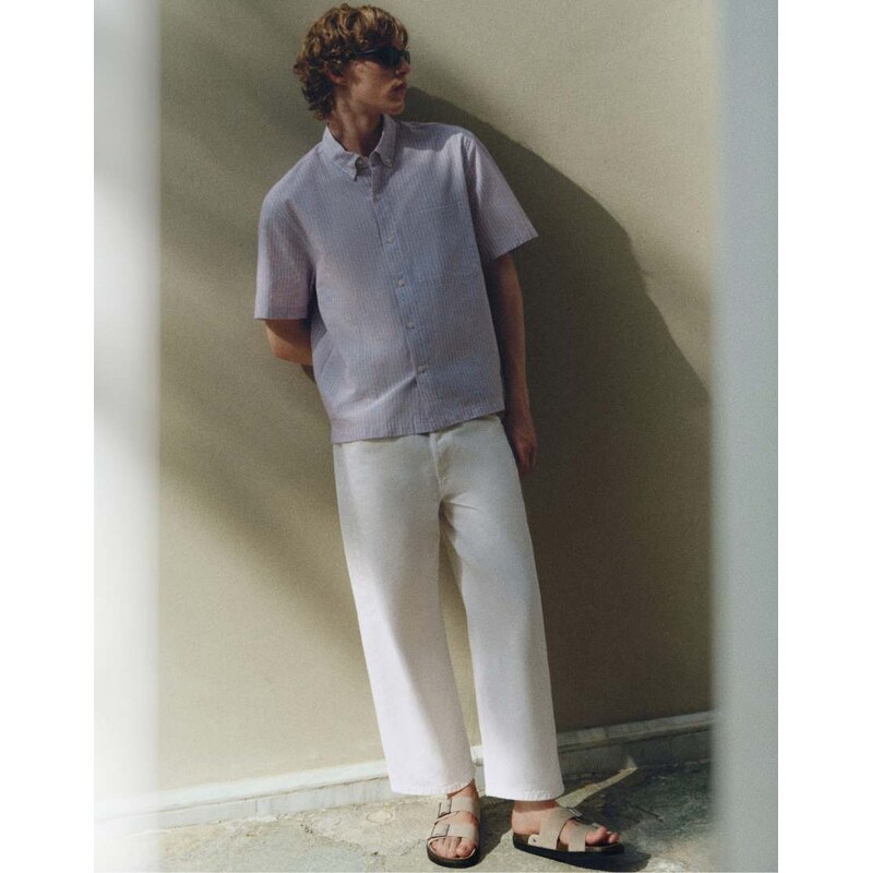 Pull&Bear Striped short sleeve shirt in pale ecru-Neutral