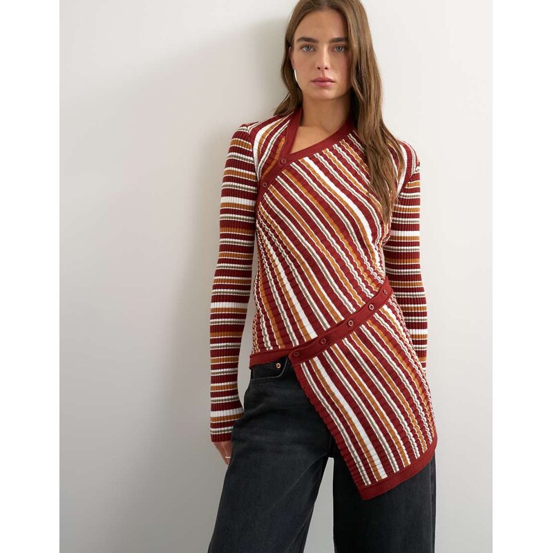 Topshop knitted asymmetric longline ribbed stripe top in red