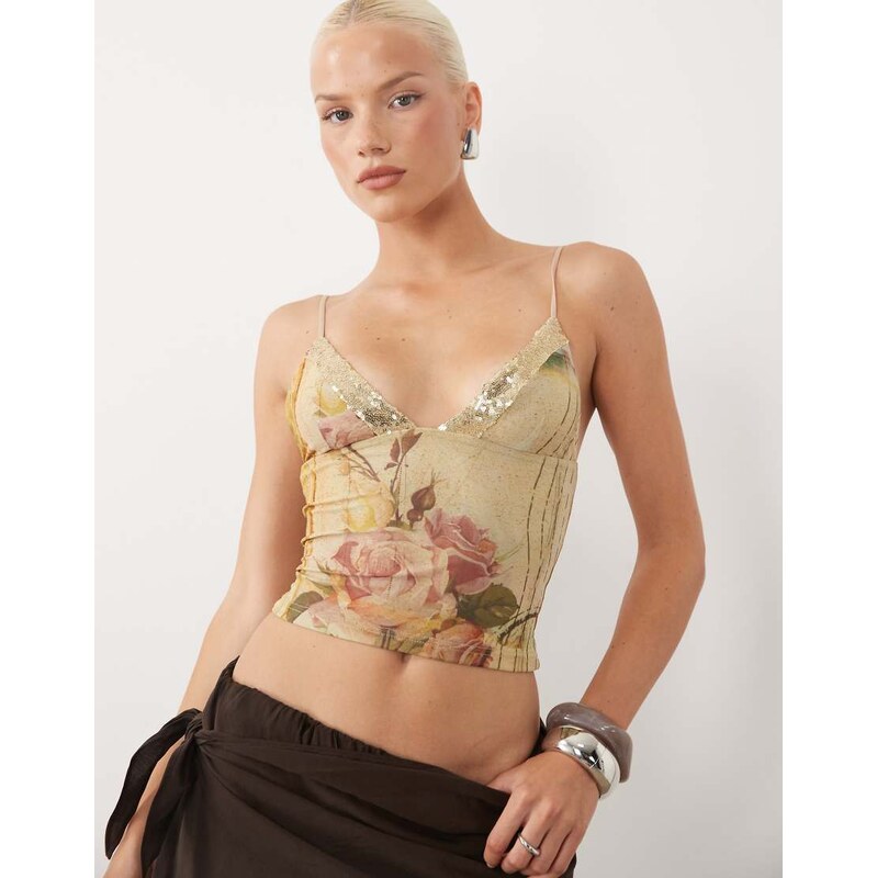 Tiger Mist Fenella sequin trim plunge cami top in white postcard