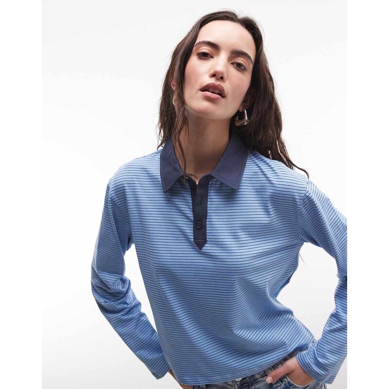 Reclaimed Vintage striped fitted henley jersey top in blue