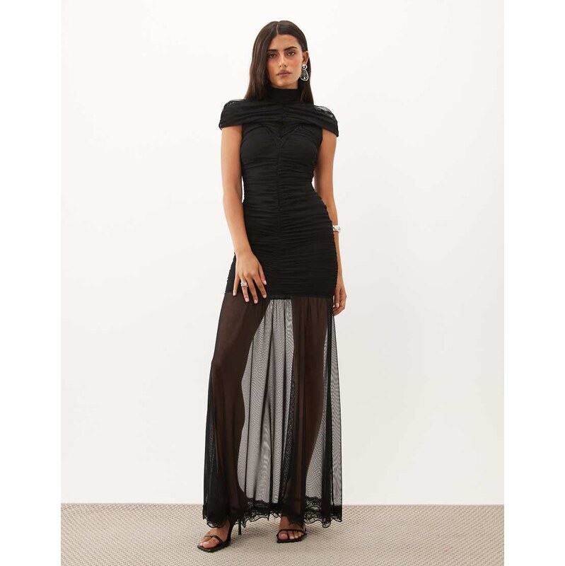 TFNC mesh high neck maxi dress with ruched detail in black