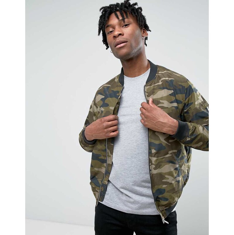 Pull&Bear Bomber Jacket In Camouflage Print-Green