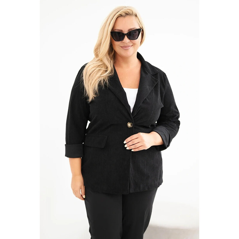 K-Fashion Dámské sako Plus Size manšestrové s klopami a kapsami