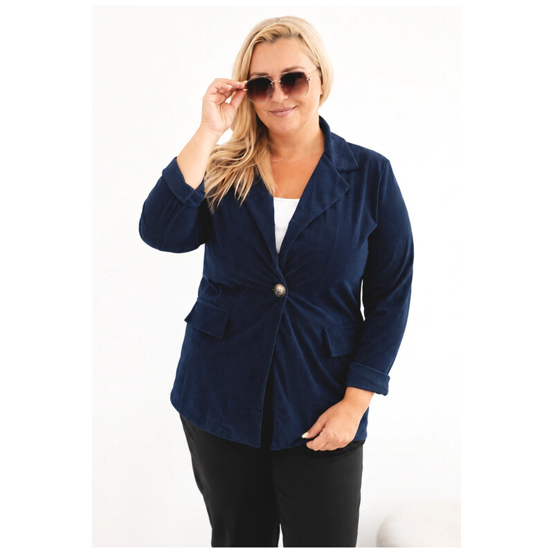 K-Fashion Dámské sako Plus Size manšestrové s klopami a kapsami