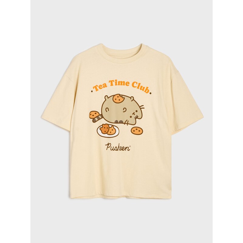 Sinsay - Bavlněná košilka s potiskem Pusheen the Cat - béžová