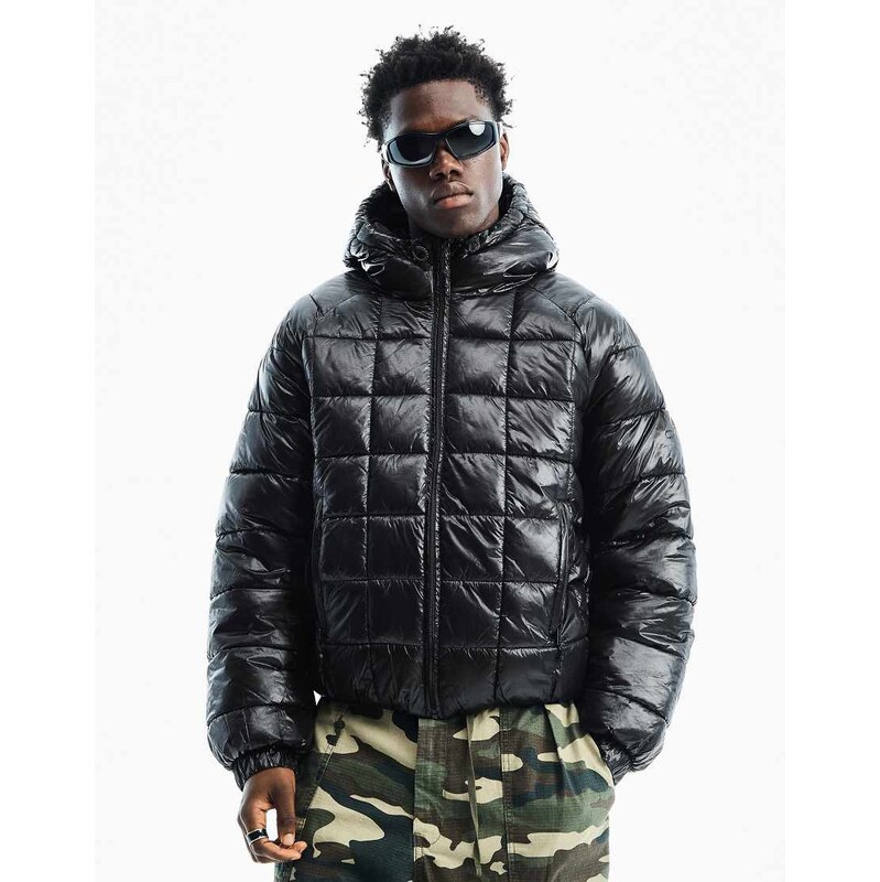 Bershka Grid quilted jacket in black