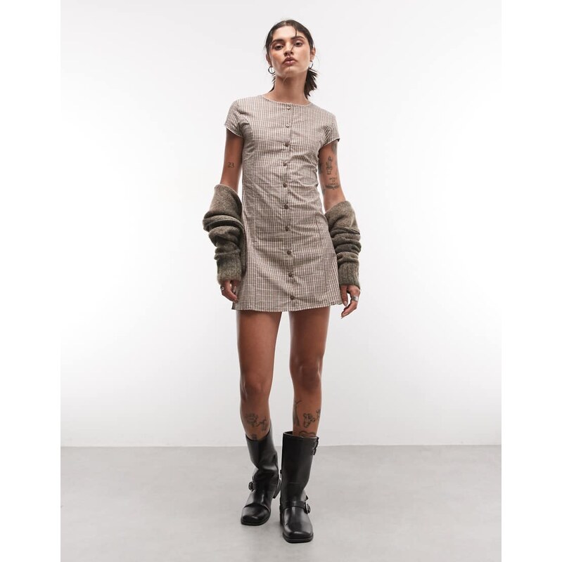 Reclaimed Vintage cotton button through mini dress in brown